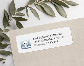 Custom Return Address Labels, Teacup Winter Mouse, Standard Sized Self Stick Stickers, 45 Per Sheet, Personalized