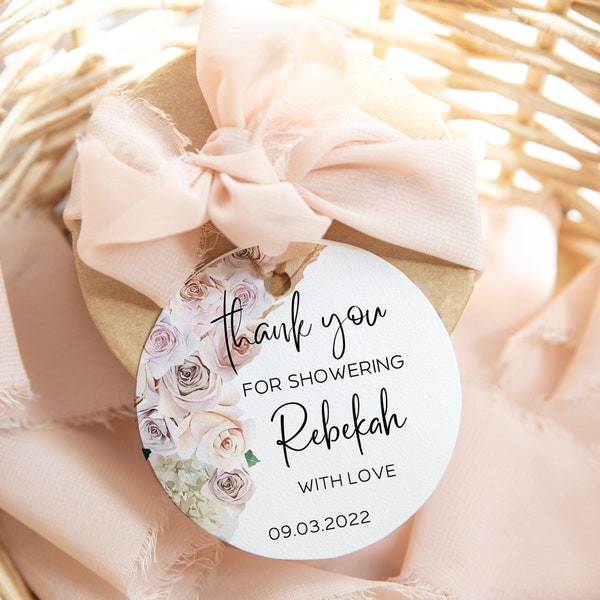 PRINTED Pastel Roses Pink Mauve Purple Favor Tags for baby shower favors, swag goodie bags, party thank you gifts