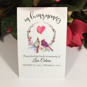 Songbird Cardinal Birdseed Funeral Favors Personalized Memorial Packets, Loving Memory, Memorial, Sympathy, Celebration of Life