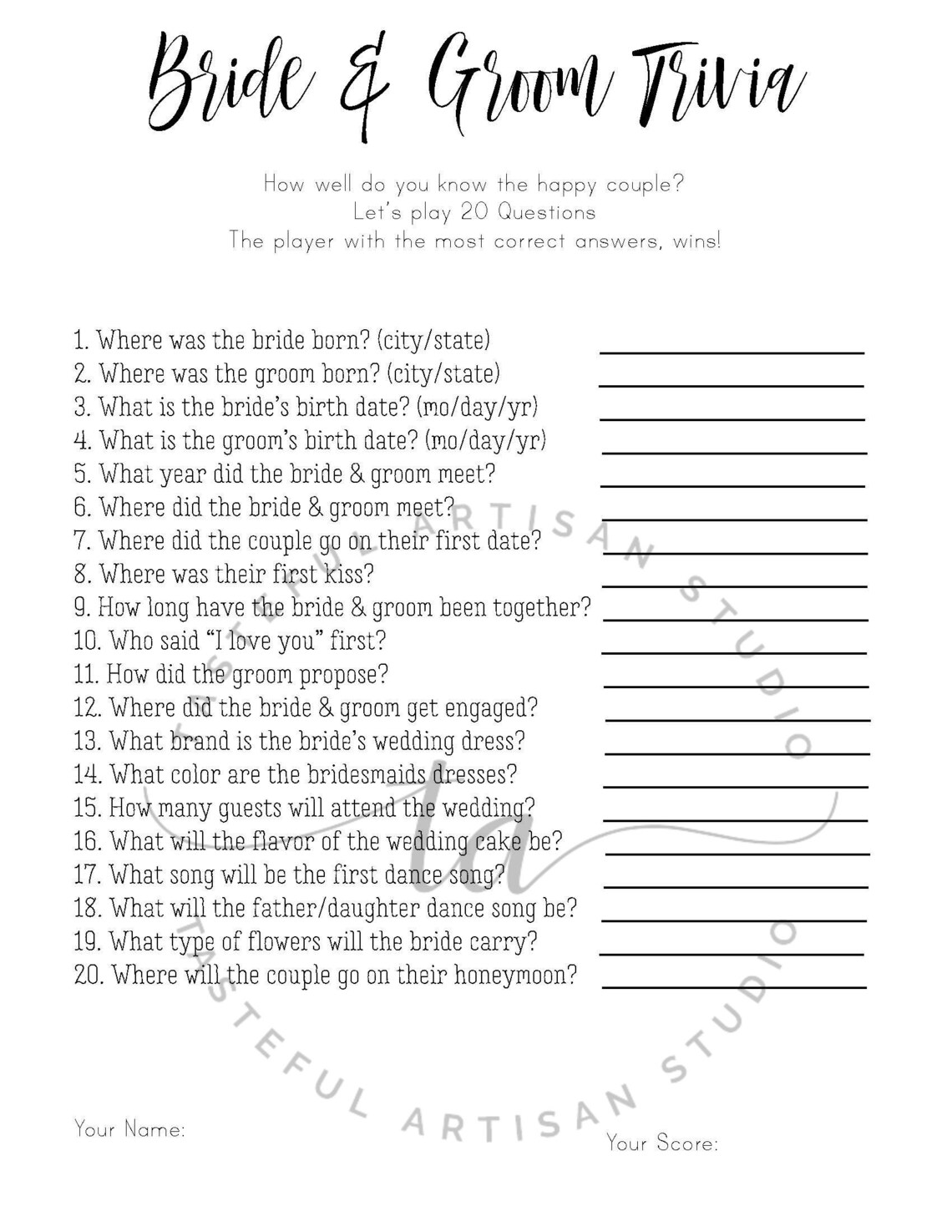 20 Questions Bridal Shower Game DIY Printable Instant Etsy