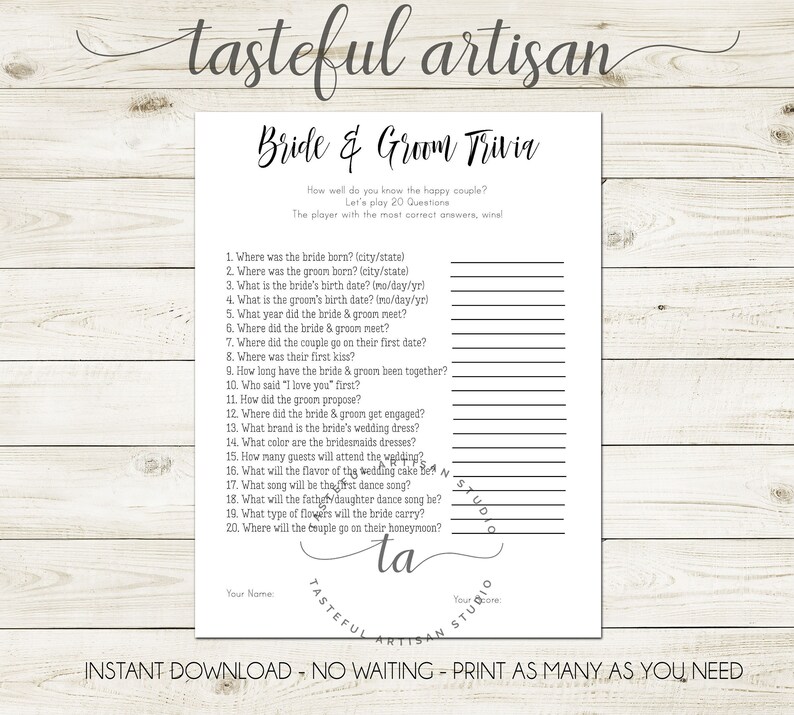 20 Questions Bridal Shower Game DIY Printable Instant Etsy