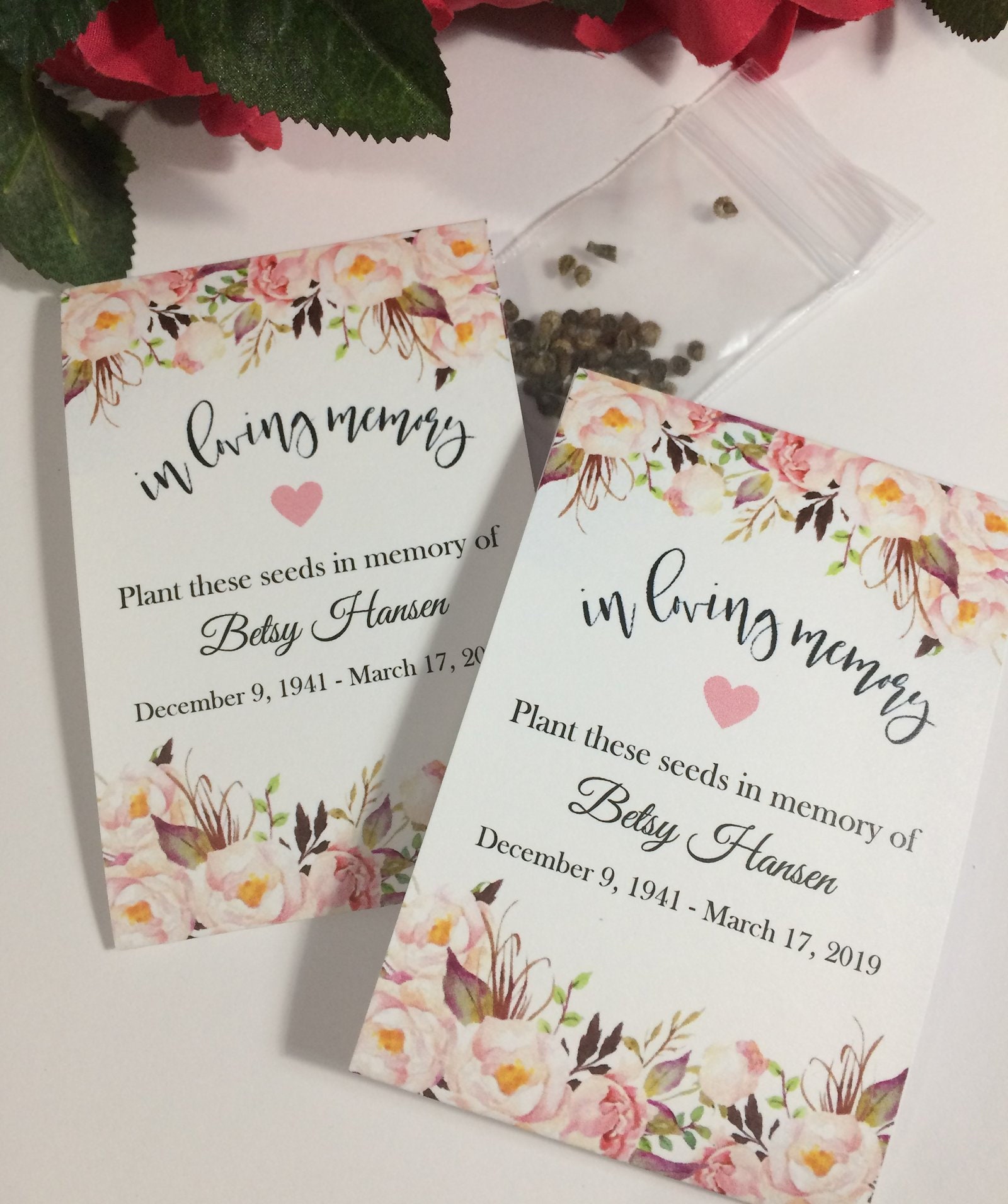 50 Personalised Funeral Favours Seed Packets Forget Me Not with NO Seeds 