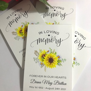 Sunflower Seed Packets, Funeral Favors Personalized Memorial, Loving Memory, Memorial, Seeds Included, Sympathy, Celebration of Life