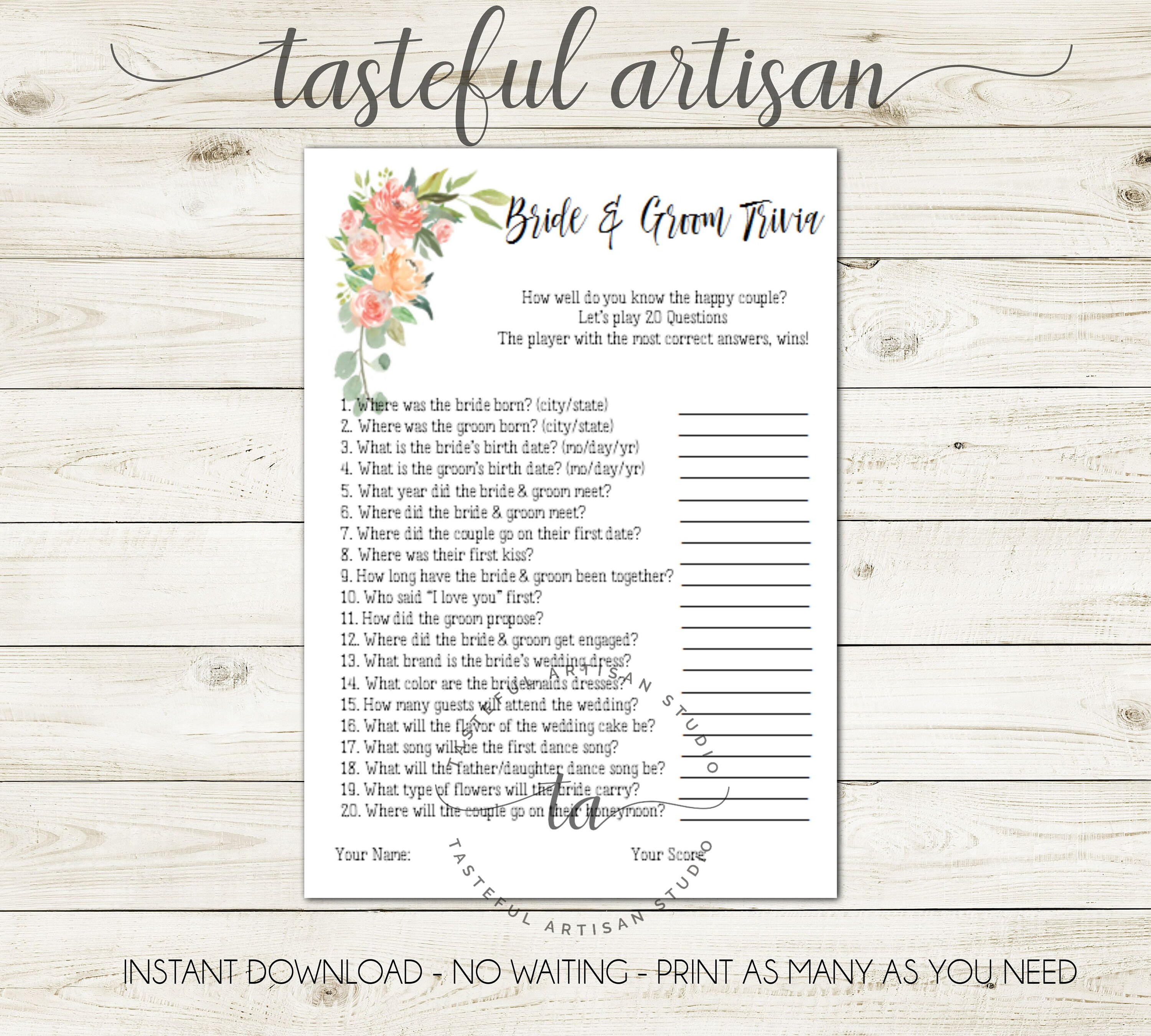 Bridal Shower Game Printable Instant Bride Groom Trivia Etsy