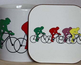 Cycling Mug Gift Set: Cyclist Illustration, Includes Coaster