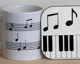 Music Mug Gift Set: Musical Notes & Piano Coaster