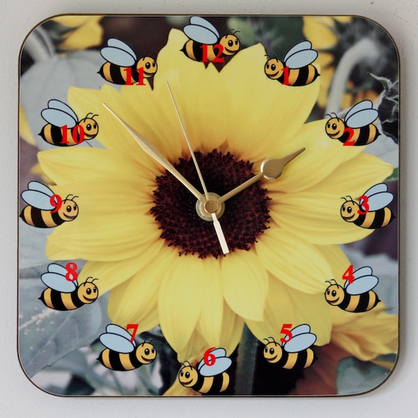 Sunflower clock, Bees around a Sunflower Square Wall Clock by Picture That Image