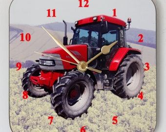 Red Tractor Wall Clock: 19cm Square Farmhouse Decor