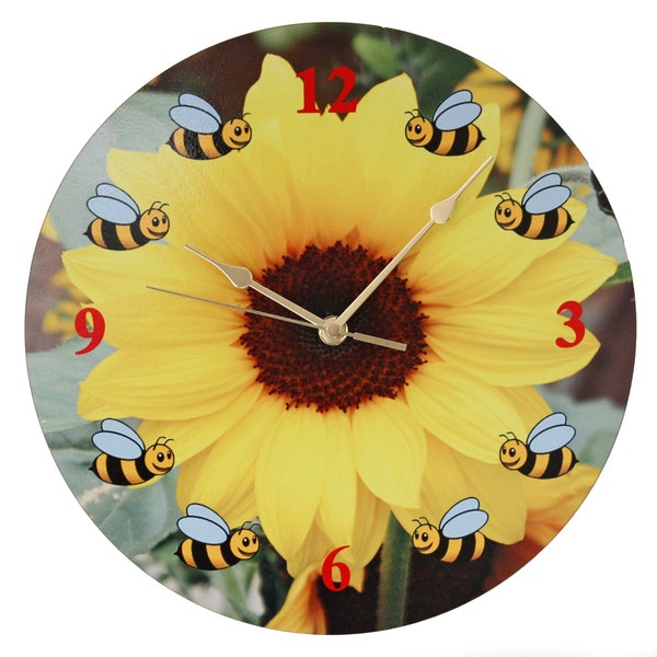 Sunflower Clock - Large round clock (28cm) Bees around a Sunflower by Picture That Image