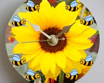 Sunflower Clock Kit: Bees Design, DIY Metal Clock (12cm)