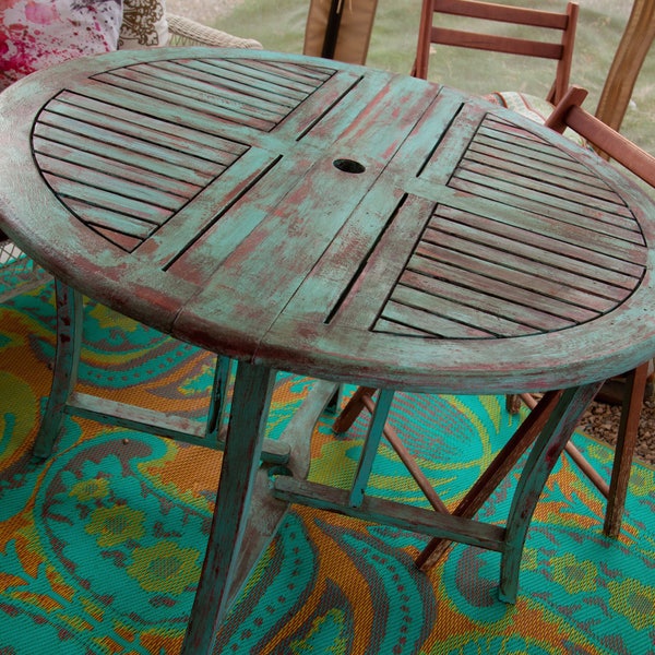 Re-Purposed and Hand Painted Etlingera Wood Table Collapsible Indoor Outdoor Dining Patio Deck Umbrella Bridge Card Guest Table