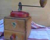 Antique French Peugot Freres Mechanical Coffee Grinder, Red Metal Lid and Hand Made Wood Case with Drawer