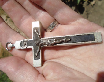 Vintage French Pectoral Crucifix on Black Ebony Wood