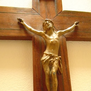 Antique French Art Deco Inlaid Wood Wall Crucifix with Bronze Corpus of Christ
