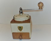 Antique French Peugot Freres Mechanical Coffee Grinder, Red Metal Lid and Hand Made Wood Case with Drawer