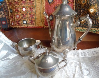 Antique French Silver Plated Art Nouveau Tea / Coffee Set, Tea/Coffee Pot, Sugar Basin and Milk Jug, 1920s