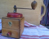 Antique French Peugot Freres Mechanical Coffee Grinder, Red Metal Lid and Hand Made Wood Case with Drawer