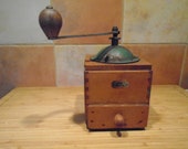 Antique French Manual Coffee Grinder, Green Metal Lid, Fully Functional