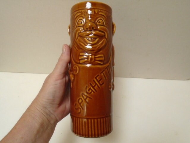 Pot de Rangement Spaghettis Vintage Français avec Récipient Pâtes en Céramique Émaillée Funny Face