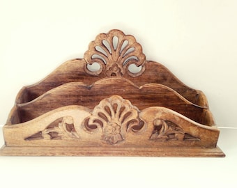 Vintage Hand Carved Wood Letter Rack / Office Storage / Miscellaneous Desk Organiser