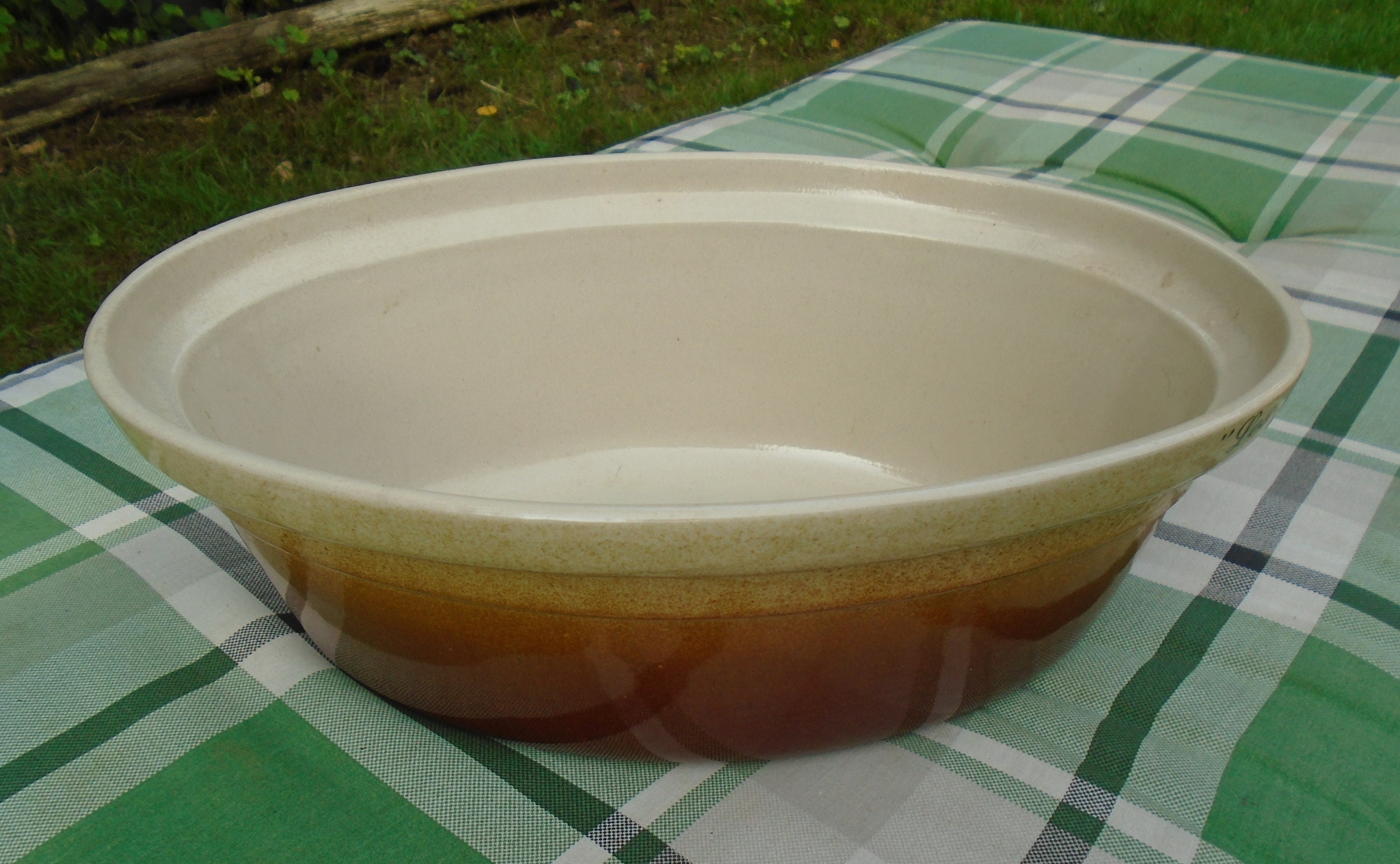 Vintage Français Grès Ovale Plat à Casserole, Au Four Cocotte en Pierre Émaillée, Les Bonnes Terrine