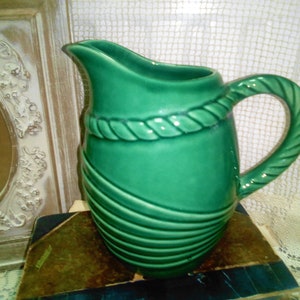 Vintage French Art Deco Green Glazed Majolica Pitcher, Mid Green Jug, Glazed Ceramic Vase