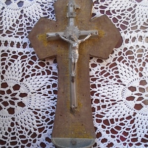 Antique French Wall Crucifix with Holy Water Font, Benitier