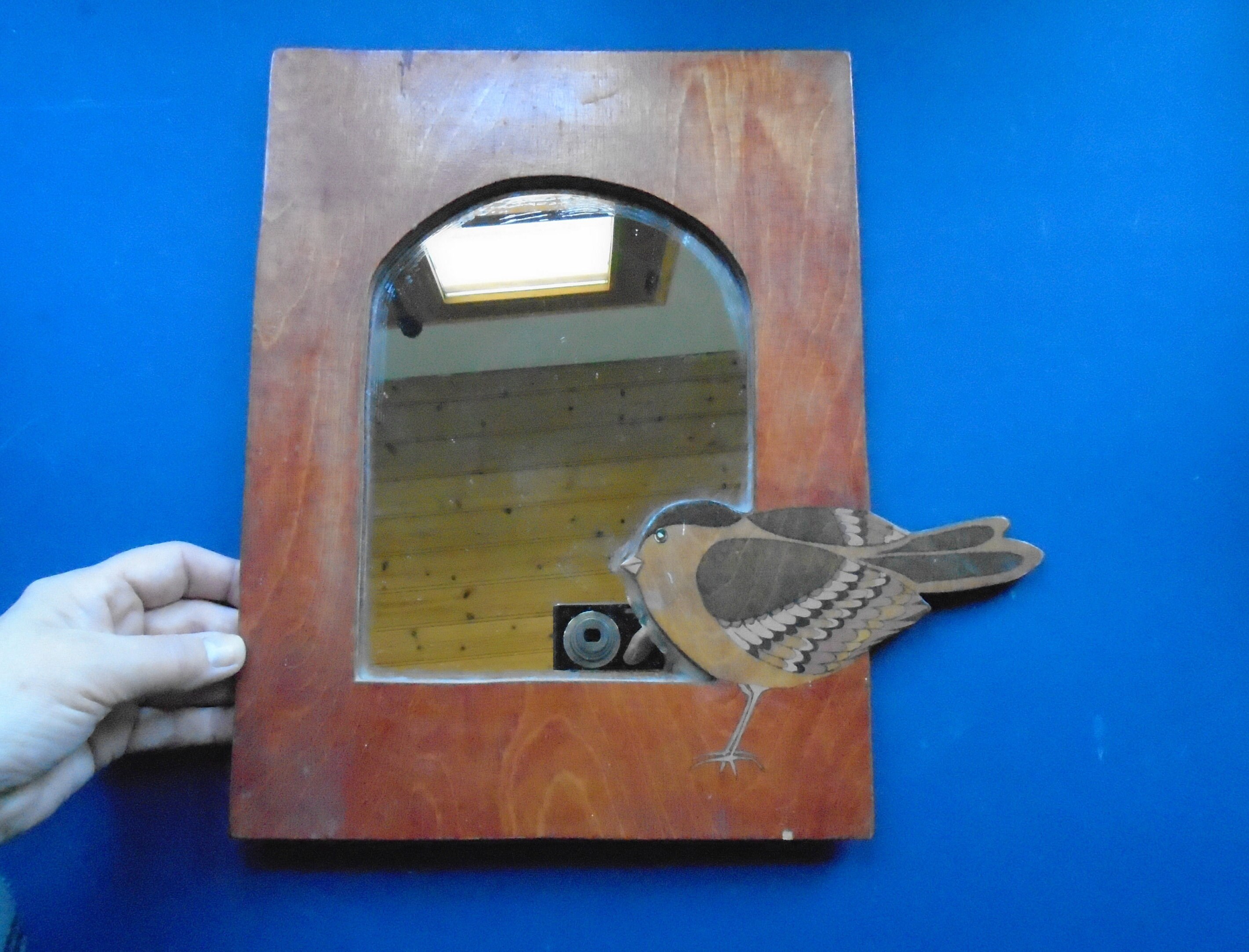 Vintage Français Mur en Bois ou Miroir d'étagère, Cadre Brun, Belle Parure d'oiseau