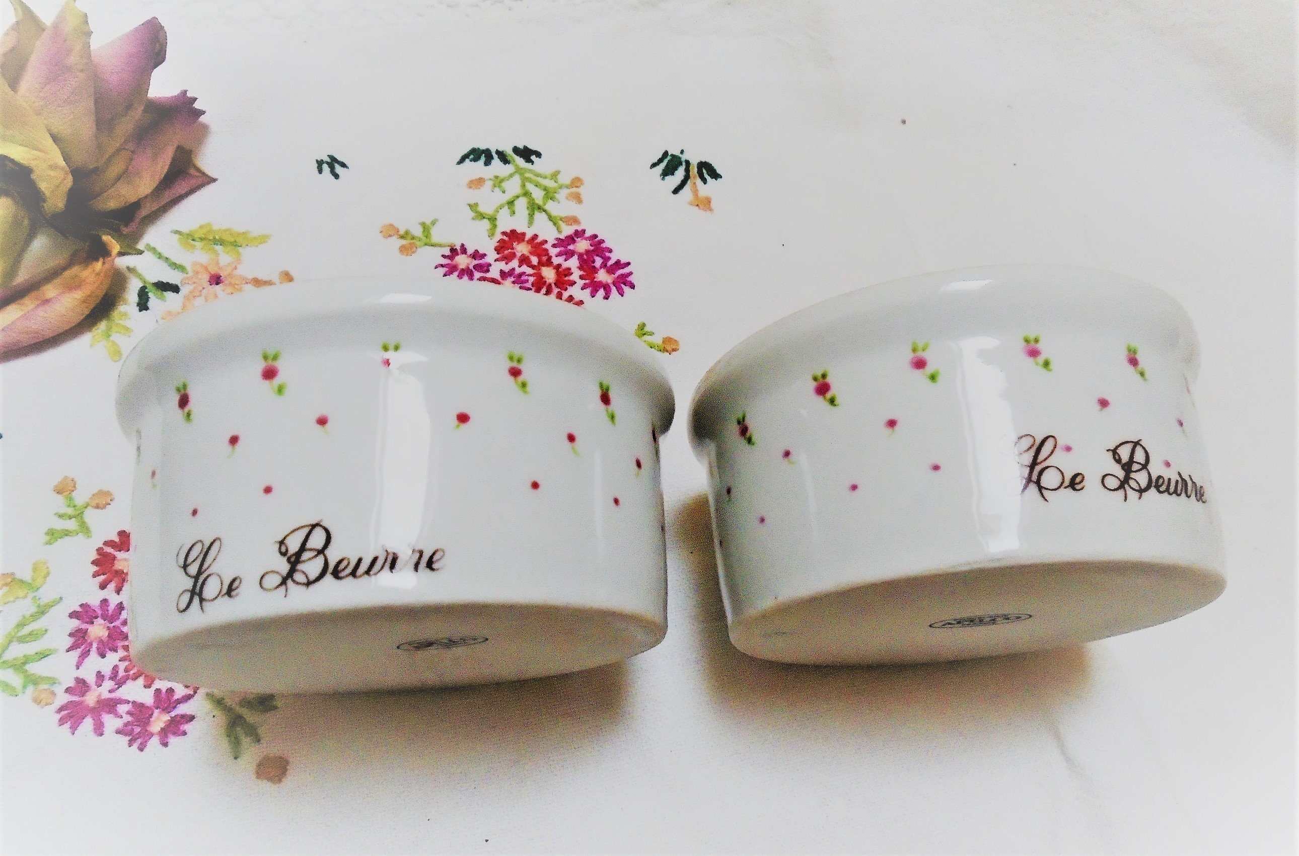 Deux Vintage Apilco White Porcelain Butter Dish Ramekins, Le Beurre, Pink Floral Design