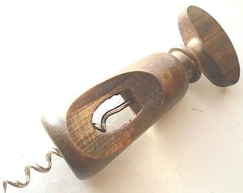 Vintage French Wood Corkscrew, Turned Wood Tire Bouchon, Barware Accessory