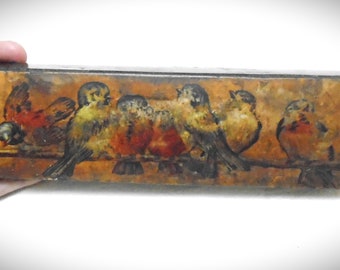 Trousse Antique en Bois, Boîte à Stylos à Bouton-Poussoir, Plumier Français, Oiseaux sur une Branche, 1900s