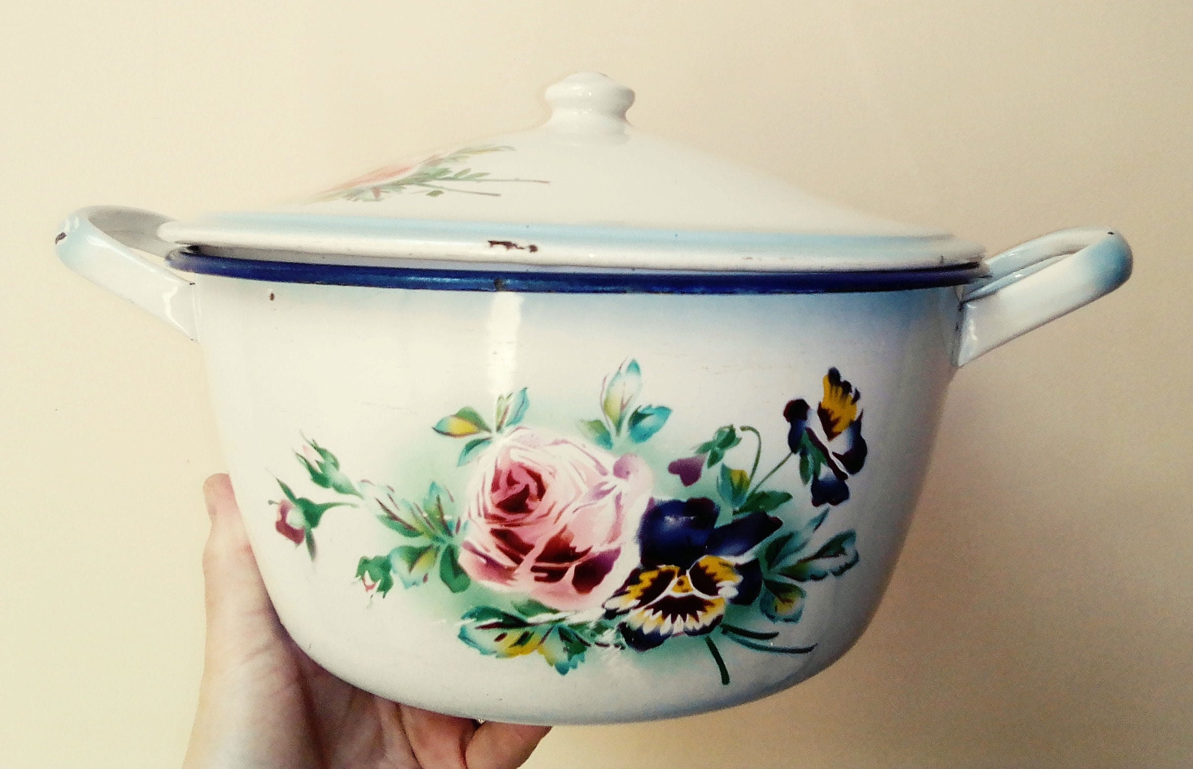 Vintage French Extra Large Floral Enamel Pan, JAPY Rose and Pansy