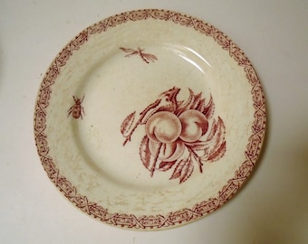 One Antique French Choisy le Roi Ironstone Side Plate Dish, Red Transferware, 1800s, Plum Design with Insects, Fruit Plate
