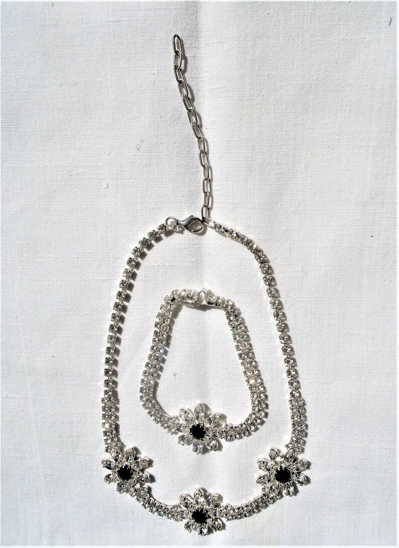 Vintage Silver Plated Prom Necklace and Bracelet with Black Stones