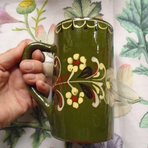 Vintage French Alsace Mug,  Glazed Earthenware Mug Vase, Terracotta Green Cream Floral Mug, Alsace region