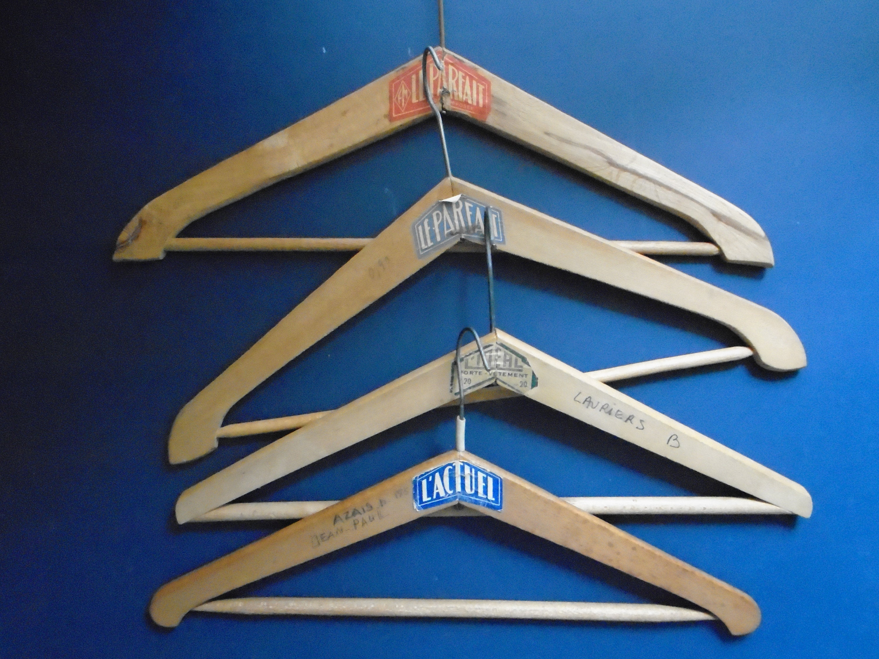 4 Vintage French Branded Wood Coat Hangers, Le Parfait, L'Actuel, L