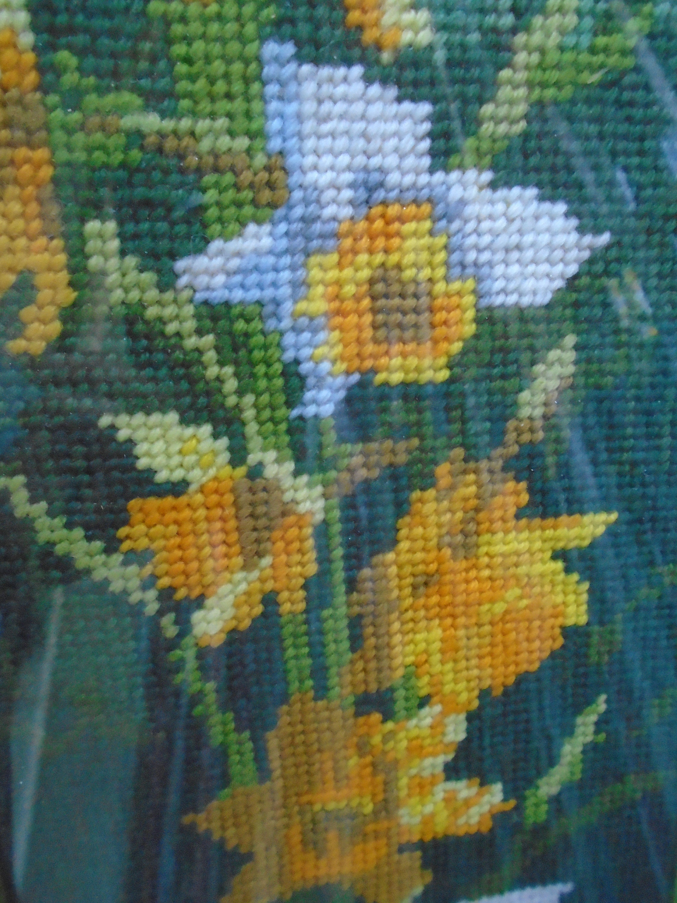 Superbe Tapisserie de Laine Français Vintage Jonquilles', Tapisserie Fleurs Printemps, Encadrée Verr