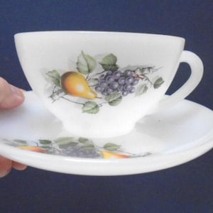 2 Large Vintage French Arcopal Cups and Saucers, Fruity Design, Milk Glass Tea or Coffee Cups, 2 sets of 2 Available