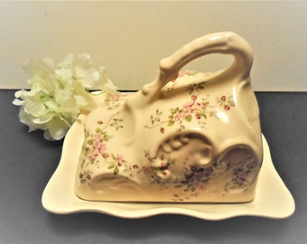 Antique Porcelain Cheese or Butter Keeper, Floral Ceramic Butter Dish, Rose Design on Cream, Art Deco