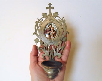Antique French Holy Water Font, Benitier with Porcelain Hand Painted St. Joseph with Jesus, 1920s, Communion Gift
