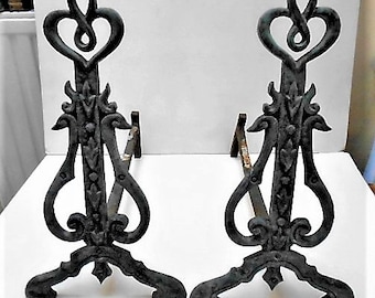 Antique French Andirons or Firedogs, Soft Gray with Verdi Gris, Ornate Design, Wrought Iron