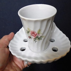 Vintage French White Porcelain Shell Tooth Brush Holder and Beaker, Wall Mountable with Pink Rose Motif