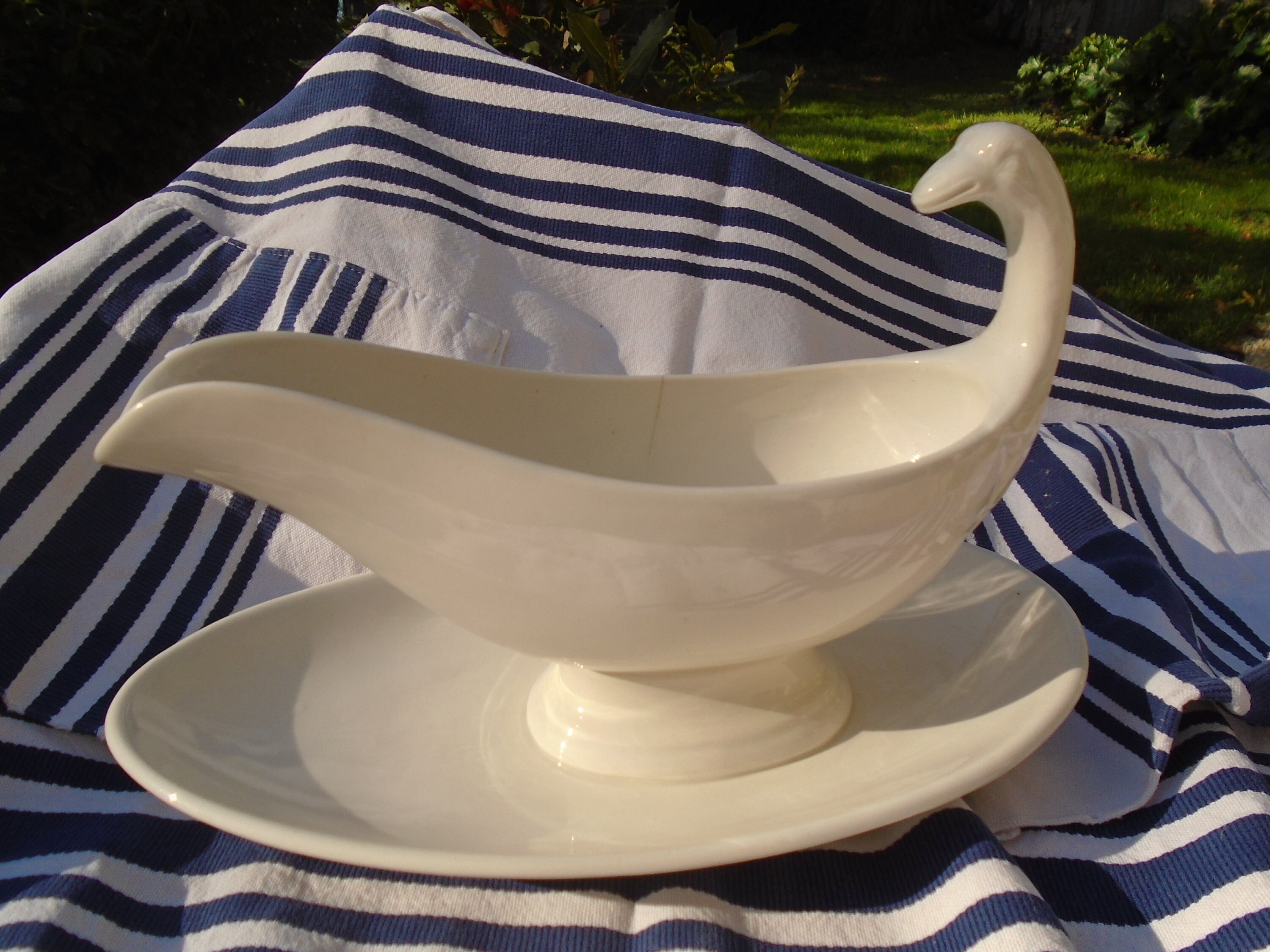 Belle Antique Français Crème Ironstone Goose Head Digoin U et Cie Sauciere/Sauce Bateau Glacée Attac