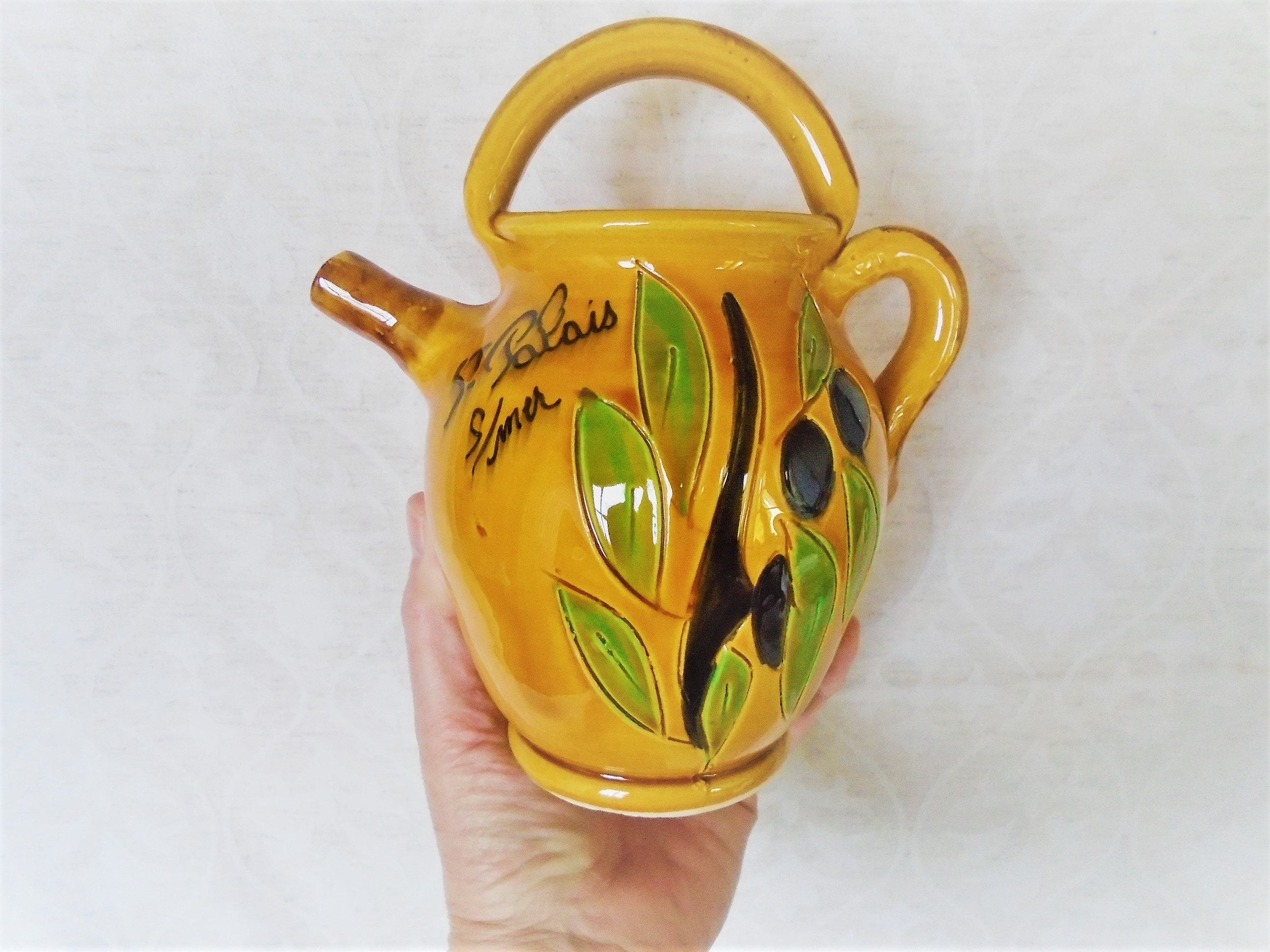 Vintage Français Vallauris Huile d'olive Provençale ou Vinaigrette Jug/Pichet, Décoration Hautement 