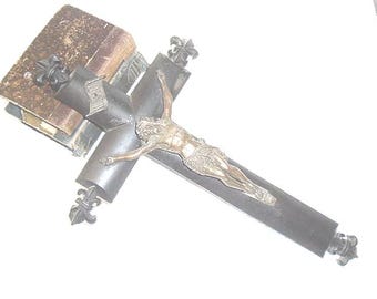 Beautiful Antique 1900 French Wall Crucifix, Bronze Corpus of Christ, X Large, Fleur De Lys, Ebony wood