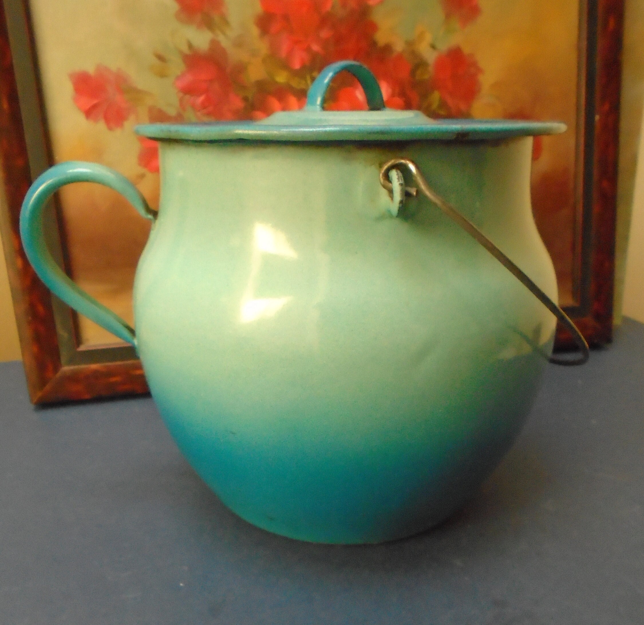 Vintage Français Pot en Émail Sarcelle Vert Bleu Émail Plaque de Cuisson Turquoise Claudron Ferme Cu