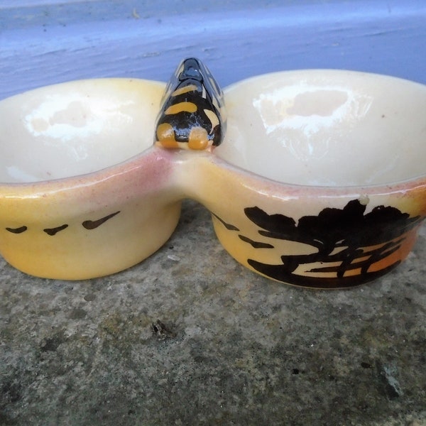 Vintage French Vallauris Hand-Painted Ceramic Salt and Pepper Dish with Cicada, Provence Spice Pinch Pots