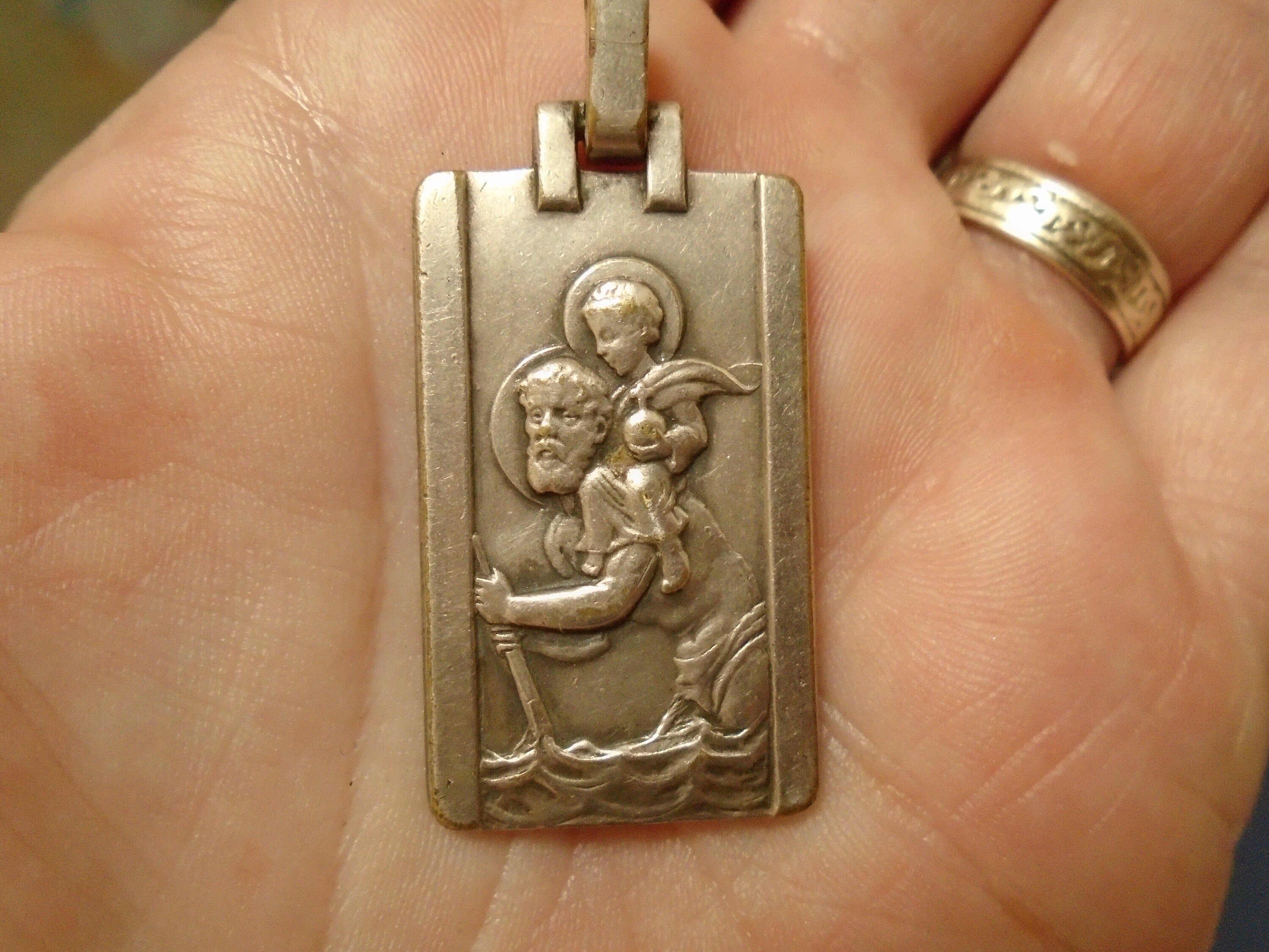 Pendentif Antique Français en Argent de Saint-Christophe et Grotte Lourdes Au Revers, Saint Patron D