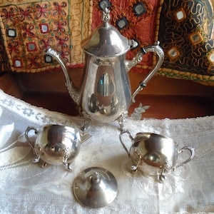 Antique French Silver Plated Art Nouveau Tea / Coffee Set, Tea/Coffee Pot, Sugar Basin and Milk Jug, 1920s