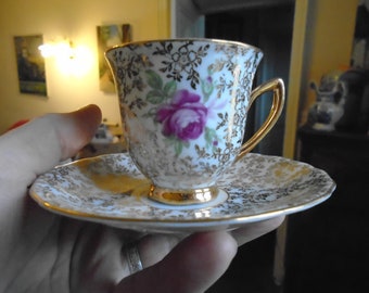 Vintage Czech Espresso Cup & Saucer Set: RGK Zimco Gilded Rose, Art Deco